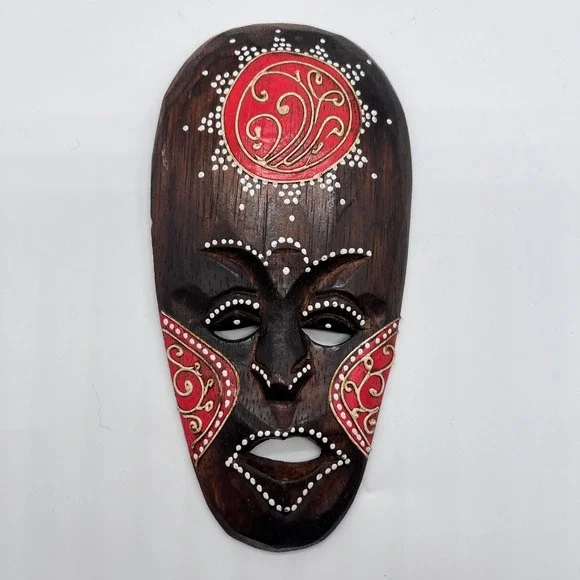 Tiki Mask Hand Carved & Painted Wood Brown Red White Dot Tribal Indonesia Art
