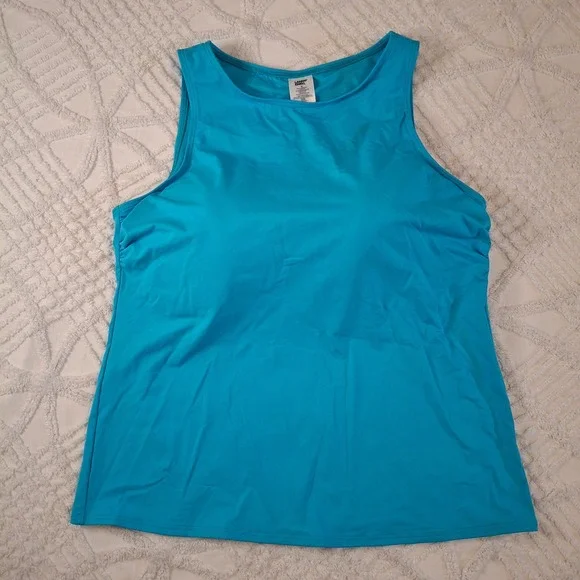 Lands' End Womens 18 Tankini Top Blue High Neck Shelf Bra Lycra Modest NWT