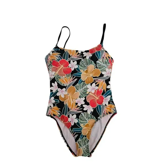 Hurley Womens Floral One Piece Swimsuit Black Multi Strappy Back UPF 50+ Large