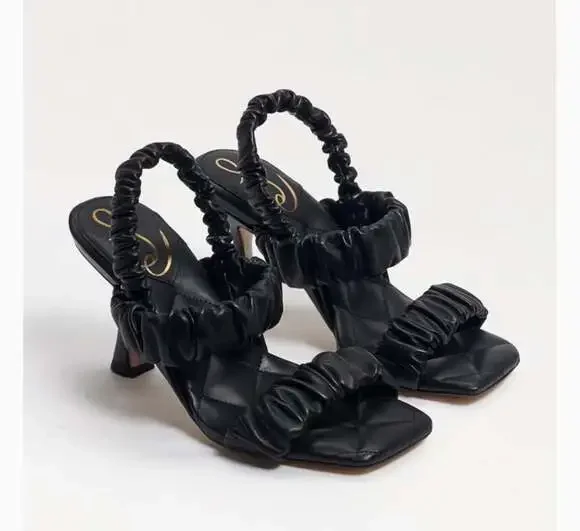 Sam Edelman Marlena Quilted Ruched Heeled Sandals Black Ladies Size 8.5M