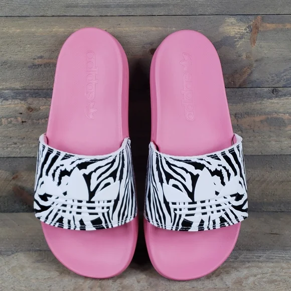 adidas Women's Adilette Comfort Slide Sandals Rose Tone Black/White Zebra Print