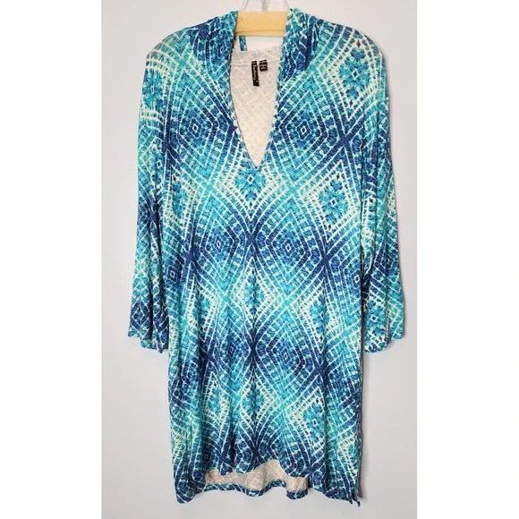 Portocruz Hooded Swim Tunic Cover Up Women L Blue Ikat Geometric 3/4 Sleeve