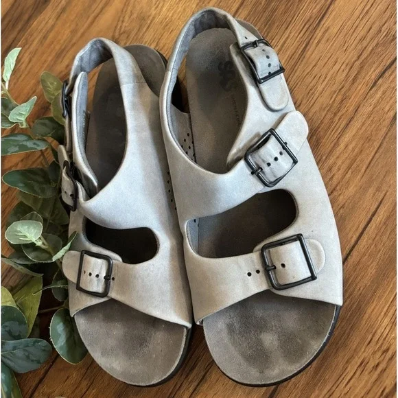 SAS Bravo Womens 10.5 M Sandals Shoes Leather Gray Strappy Comfort Walking