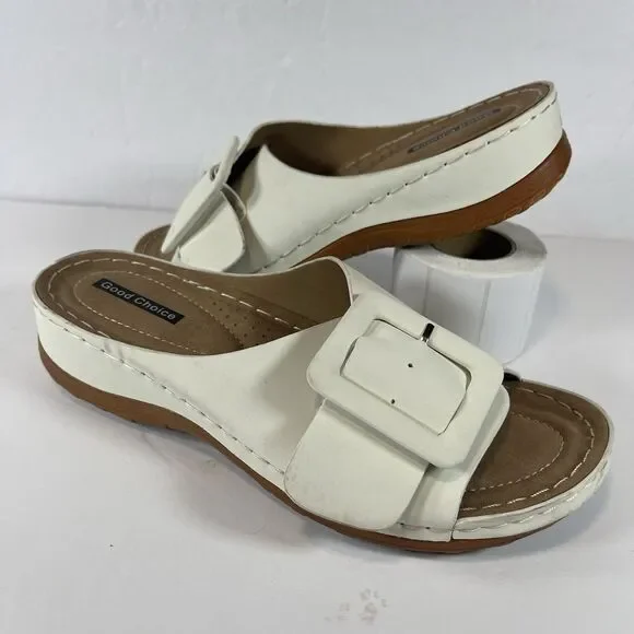 Good Choice Women’s White Buckle Slide Sandals – Size 8