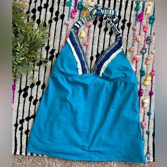 Lucky Brand Solid Turquoise Stripe Fringe Boho Accents Halter Tankini Swim Top S