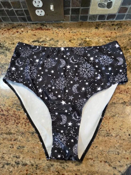 Shein Women's Size 1XL Black High Rise Bikini Swim Bottom New Moon Sun Celestial