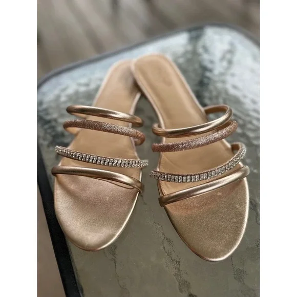 Jewel Badgley Mischka Sandals Rhinestone Straps‎ Slides Sparkle Gold 9.5