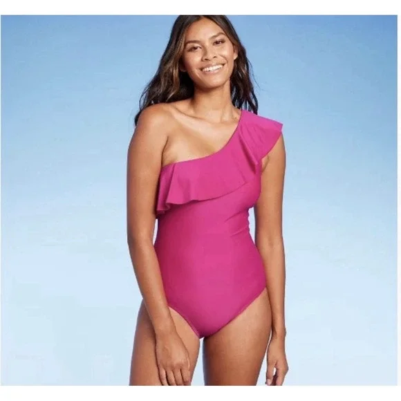 Women's Ruffle One Piece Swimsuit One Shoulder Pink Medium 8-10 Kona Sol NWT