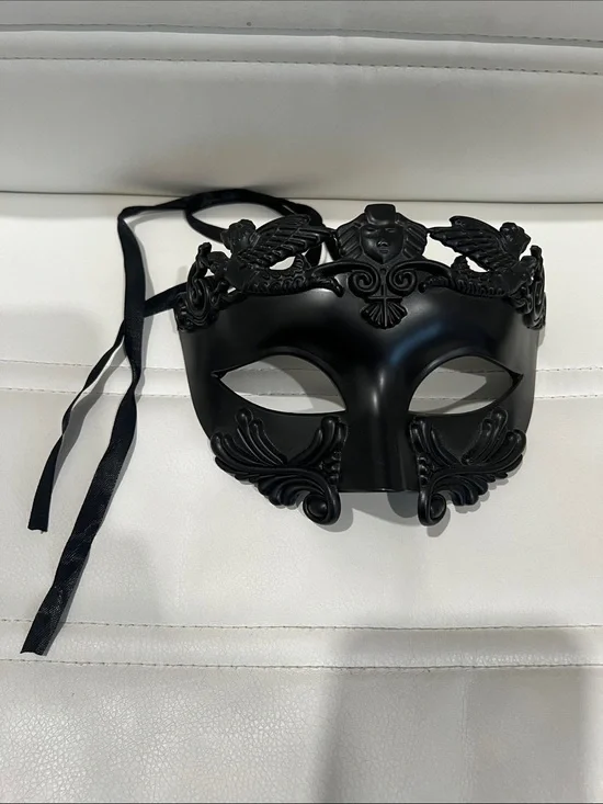 Black Decorative Venetian Masquerade Mask with Satin Ribbon Tie