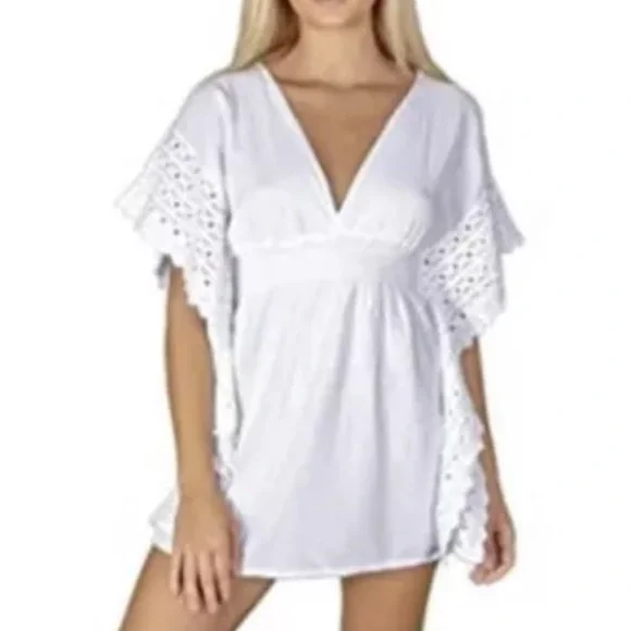 SEASPICE Resort Wear White Coverup Dress Sz Medium Peruvian Cotton Beach Coastal