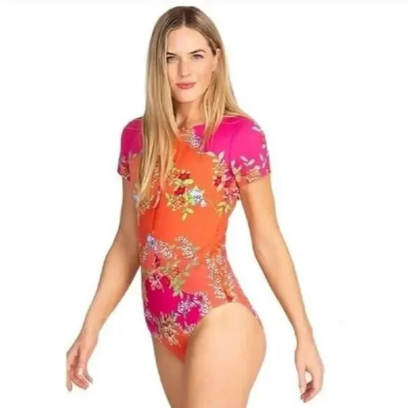 NWOT Johnny Was Wave Surf One Piece Swimsuit Pink Orange Size XS