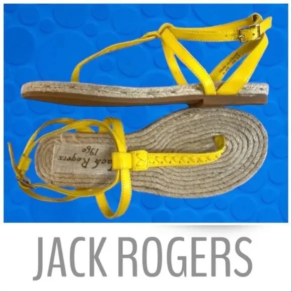 JACK ROGERS Yellow Thong Ankle Strap Sandals woven Jute Footbed NWT BOX 6.5M