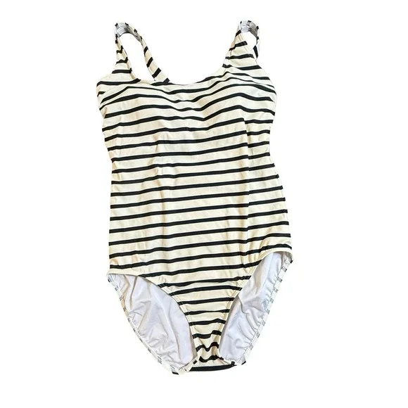 Lands End Womens Black Cream Striped One Piece Swimsuit Size 14 544885 V3403