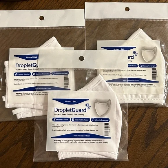 Brand New Droplet Guard 2 Layer Jersey Cloth White Face Mask x3