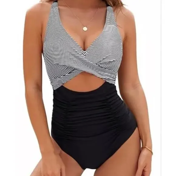 Blooming Jelly One Piece Swimsuit Size M Black White V Neck, Cut Out