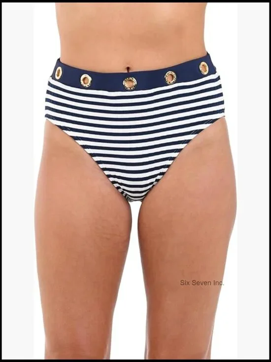 High Waist Bikini Bottom with Tummy Control, Nylon Blend, Striped