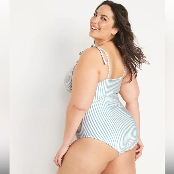 Old Navy Swimsuit Tie-Shoulder Striped Seersucker Underwire One Piece 4X New