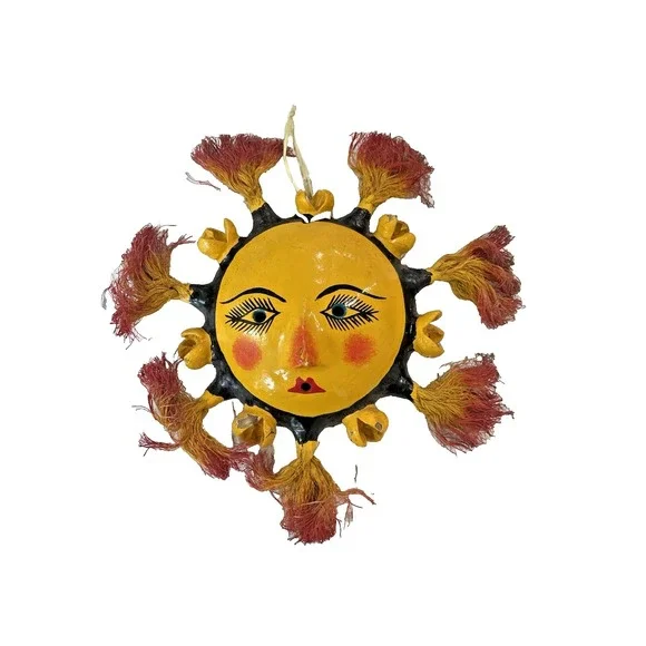 Vtg Mexican Coconut Shell Folk Art Mask Hand-Painted Celestial Sun Artsy