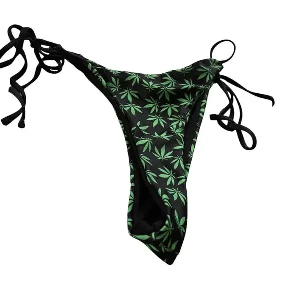 SHEIN Black String Bikini Green Leaf Size S