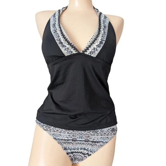 Athleta Halter Tankini Swimsuit Small Black 2 Piece‎ Built In Cups Empire Waist