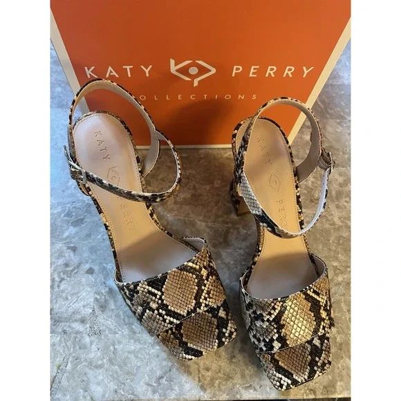 Katy Perry NEW Square Open Sandals Shoes Women Size 10 Animal Snake Print Heels