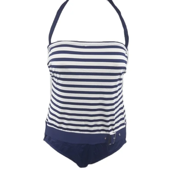 Beach House Stripe Halter Swimsuit w/Faux Buckle 8