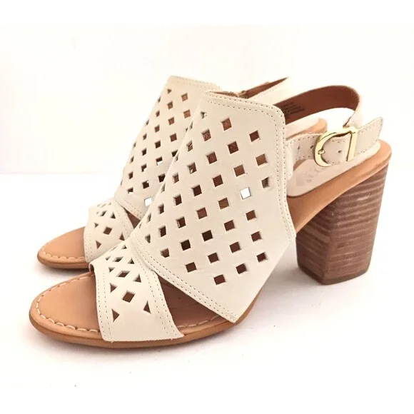 NEW Born Havana Slingback Block Heel Sandal Ivory Laser Cut Leather 8M