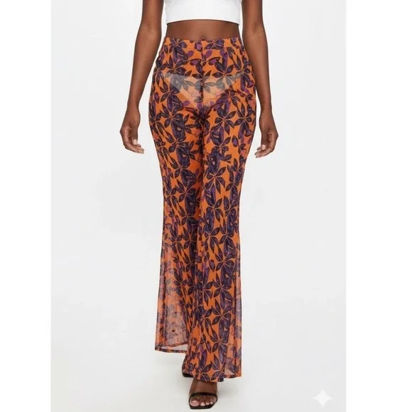 prettylittlething NWT Orange Floral Chiffon Beach Flare Pants Women's Size 22