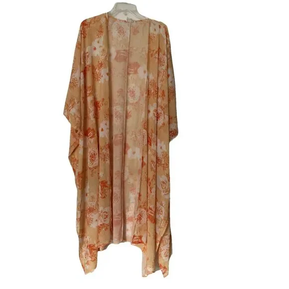 Peach Love California Duster Swim Suit Cover Up Yellow Orange White Sheer Kimono