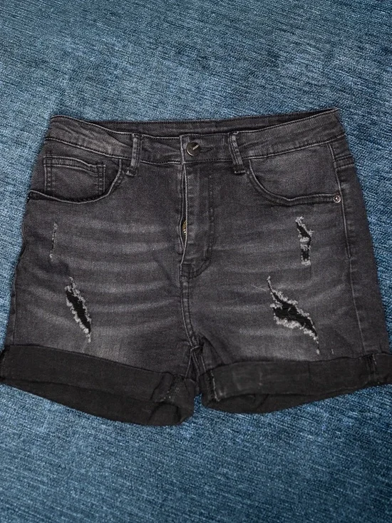 Torn Denim Black Shorts