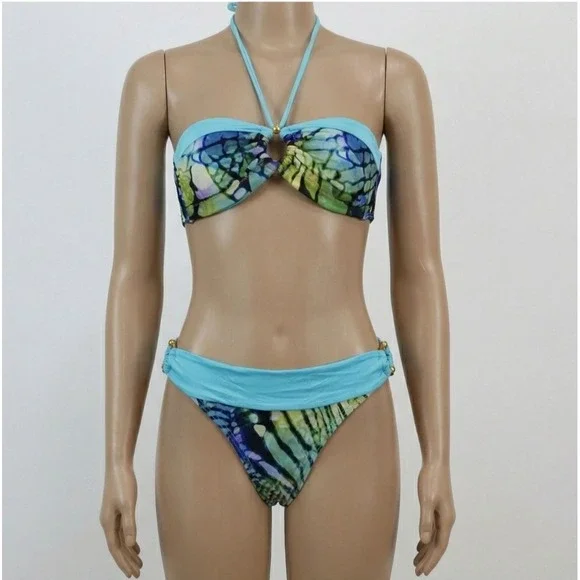 Blue Bikini Set Women S MILAGUA Halter Bandeau Gold Ring Sexy Cheeky Latina NEWS