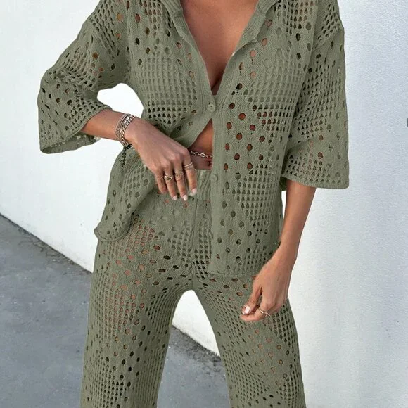 Olive Green Women's Set Rhombus Crochet Loose Batwing Cover Up And Loose Pants
