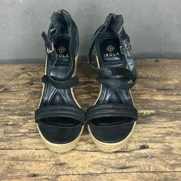 Isola Black Leather Strappy Espadrille Wedge Sandals Zipper Size 8