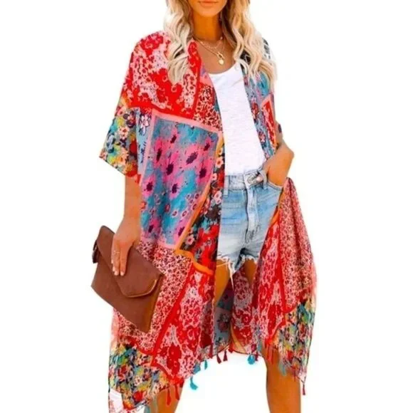 Kimono Hot Floral Colorful Swimsuit Beach Summer Cover Swimwear Cardigan Layer