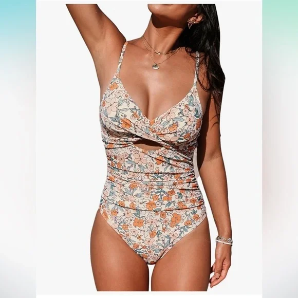 NWOT- Women TwistFront Cutout Adjustable Straps Ruched Swimwear Neutral floral