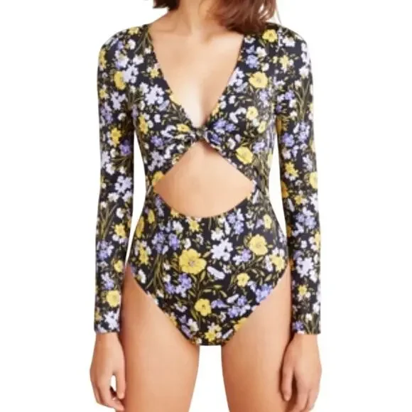 Tori Praver Paige Cut Out Rashguard M Swimwear Blk Yellow Floral Surfer Feminine