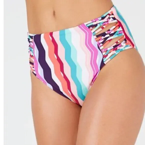 Bar III Women's Multi Color Waves Strappy High-Waist Bikini Swim Bottoms sz S