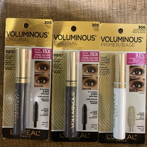 (2) L'Oreal Paris Voluminous Original Mascara, Black 305 (0.28 oz Each) & Primer