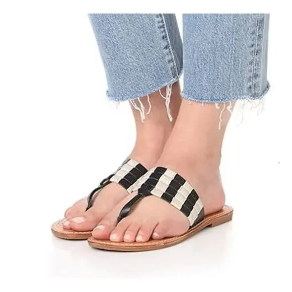 SOLUDOS Women's Multi Cotton Band Black White Thong Sandal Flat Coastal 11