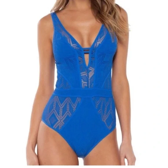 Becca Blue Cutout Crochet Plunge One Piece Swimsuit‎ Women's Size Small