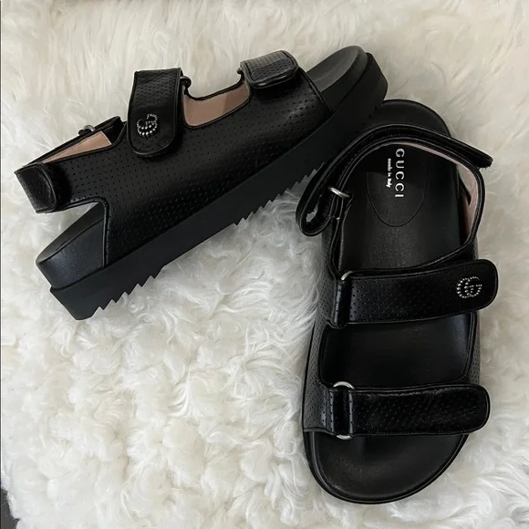 NWT Gucci Women’s Malaga Black Leather Sandals - Dad Sandals 37.5