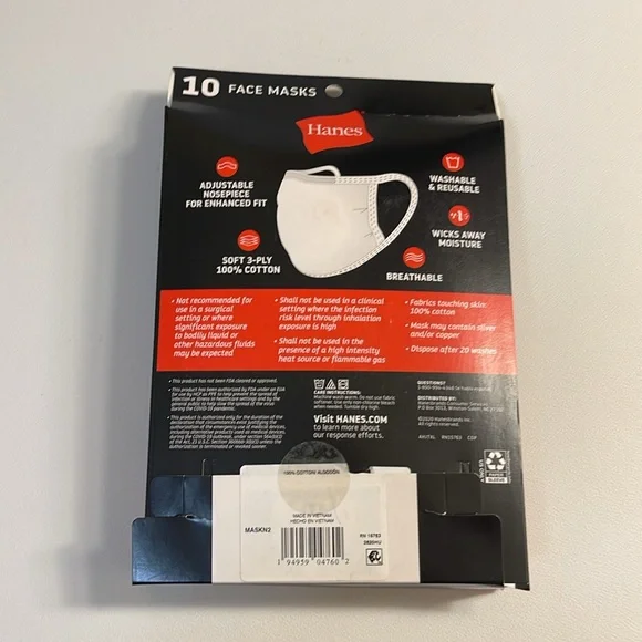 10 cotton face masks, wicking, cool comfort fabric. Hanes. New in package.
