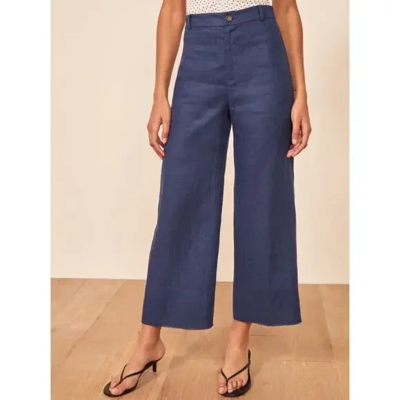 Reformation 0 blue linen wide leg raw hem pants