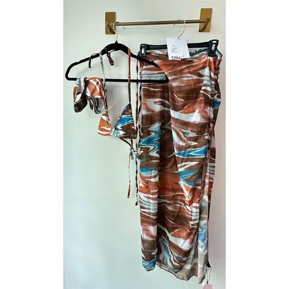 Micas Women's XS Multicolor Marble Print Bikini & Cover-Up 3-Piece Set