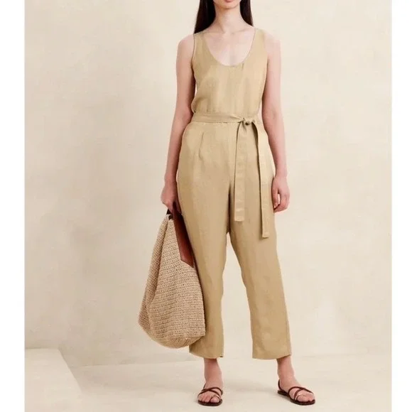 Banana Republic Gold Shimmer Tan Linen Sleeveless Tie Waist Jumpsuit Size Small