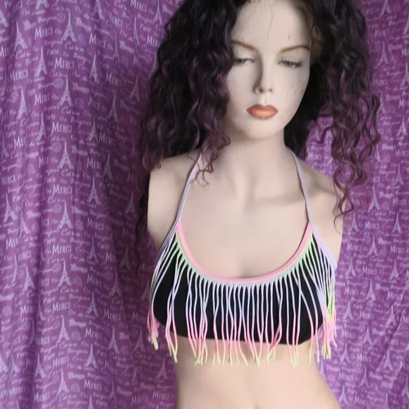 PINK Victoria's Secret fringe tie dye bikini swimsuit bathing suit top in black