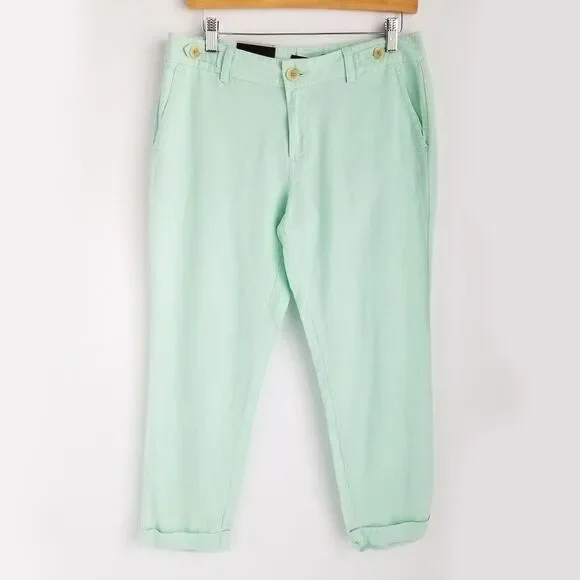 Banana Republic Linen Cropped Pants Womens 4 Cuffed Hem Teal New w/ Tag NWT $49