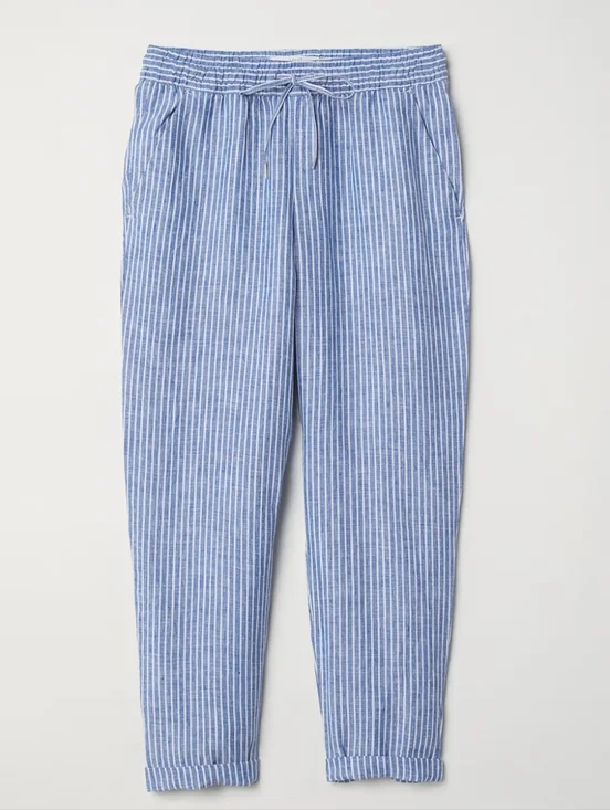 H&M Blue and White Striped Drawstring Linen Pants Small Women's Preppy Summer