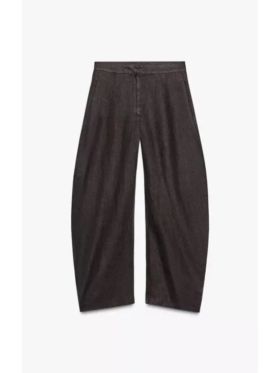 Zara ZW Collection Women Balloon Pants XL Brown Wide Leg 100% Linen 7627/242 NWT