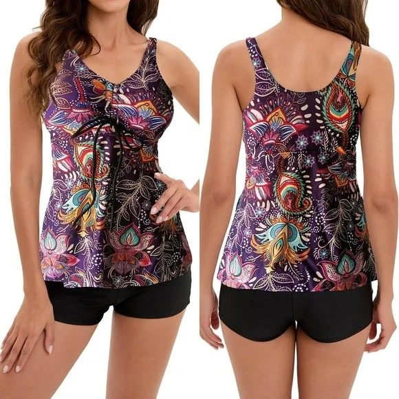 Womens Tankini Swimsuits Two piece Tummy Control Bathing Suit Modest NWOT XL